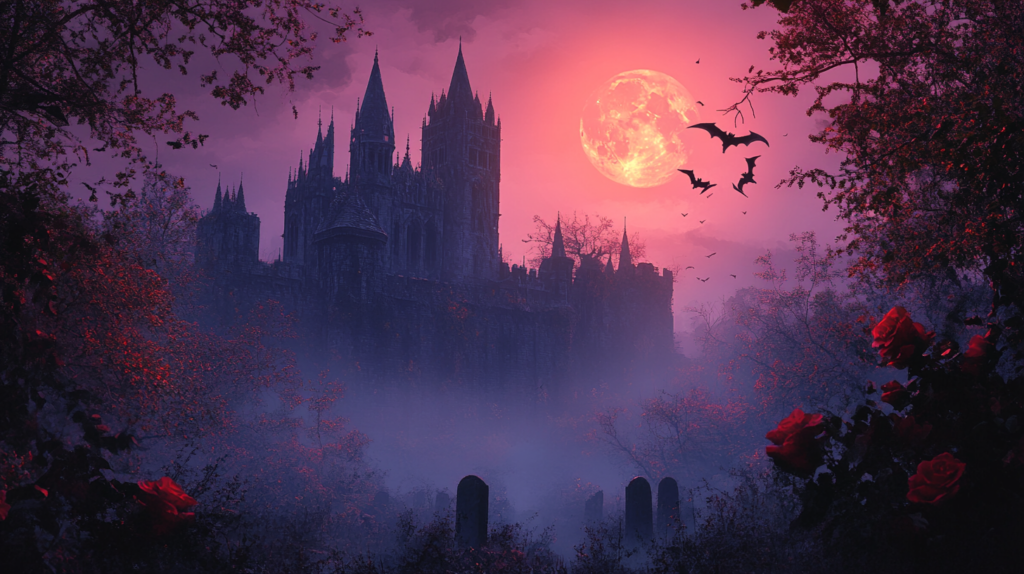 Ein düsteres, gotisches Schloss ragt in die Höhe, umgeben von einem nebligen Wald und einem leuchtenden Vollmond am violett-roten Himmel. Fledermäuse fliegen um die Türme des Schlosses, während der Vordergrund von dichten Bäumen und leuchtend roten Rosen geprägt ist. Die Szene ist mystisch und verträumt, mit einem Hauch von Romantik, verstärkt durch die intensiven Farben des Himmels und der Vegetation. Grabsteine sind im Nebel sichtbar und verleihen der Szenerie eine unheimliche, aber zugleich magische Atmosphäre.